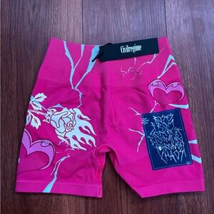 Pink Graphic Shorts with Heart and Rose Design